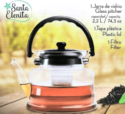 Tetera de Cristal 2.2 L Santa Elenita con Tapa y Filtro